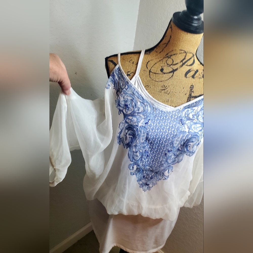 Terra & Sky White Tank with Blue/white Sheer WHBM Blouse.